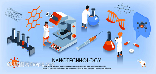 彩色等距纳米技术水平成与科学家工作实验室矢量插图